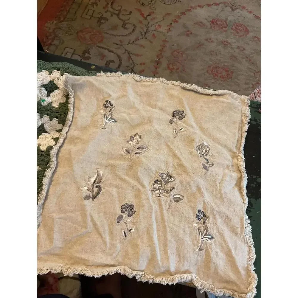 Linen Floral Embroidered  Square Pillow Cover